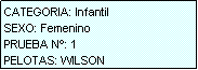 Cuadro de texto: CATEGORIA: Infantil
SEXO: Femenino
PRUEBA N�: 1
PELOTAS: WILSON